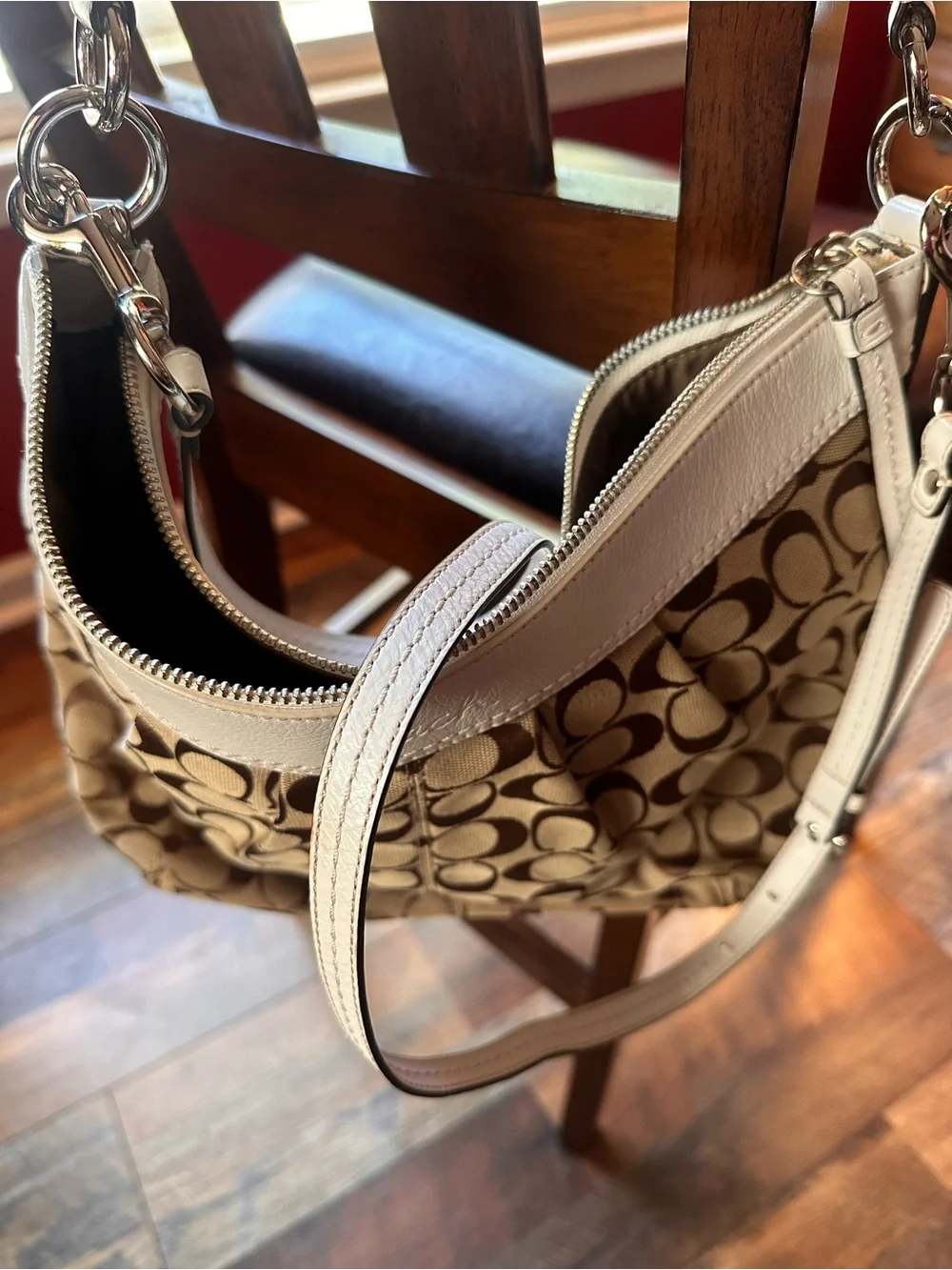 Coach Brown Signature Canvas Shoulder Bag with White Trim - Picture 10 of 12